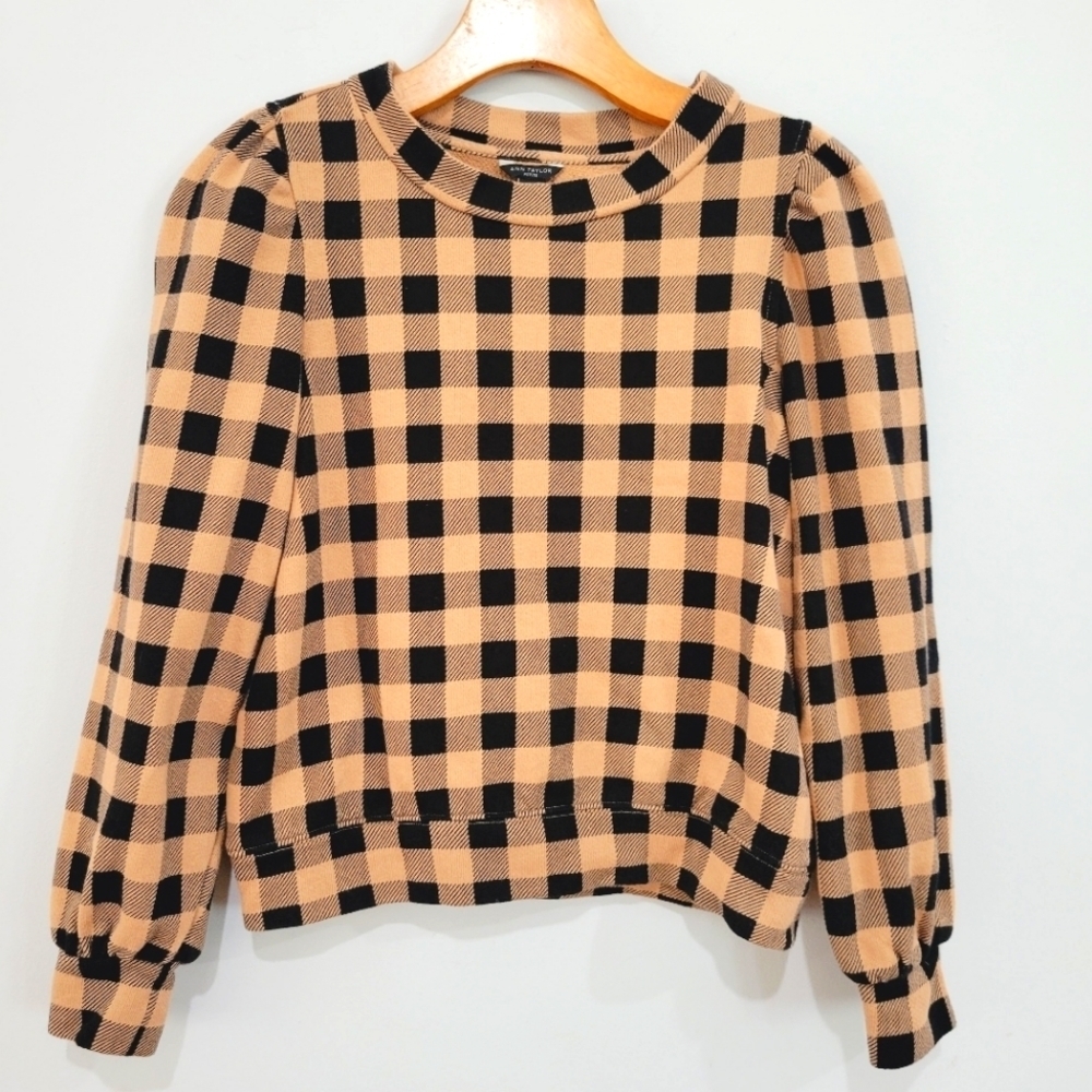 Ann Taylor Petite black and brown checkered long sleeve sweater size xxs